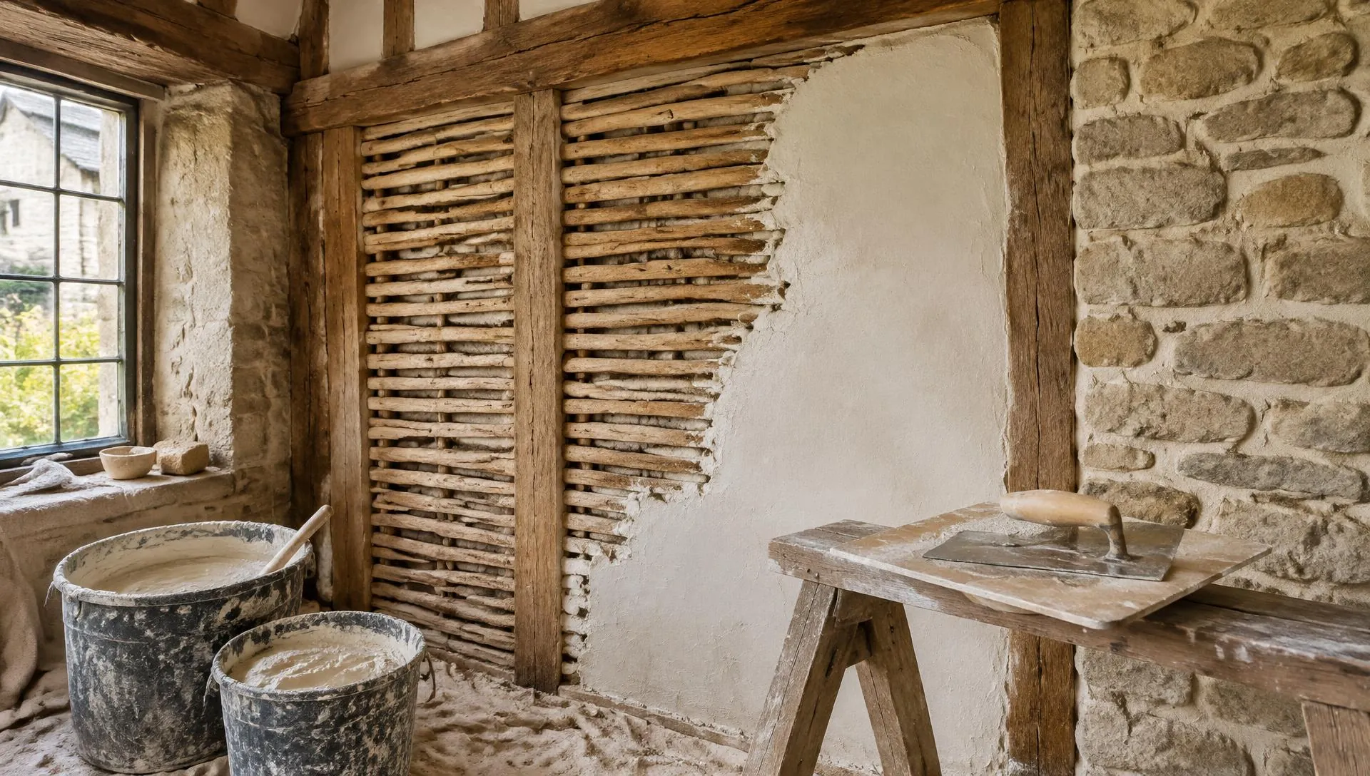 Traditional oak laths with lime plaster and lime mortar pointing